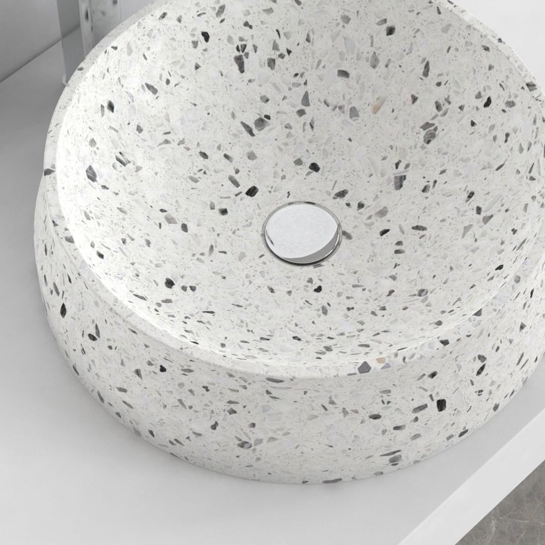 Shada white terrazzo vessel sink, interior and material detail