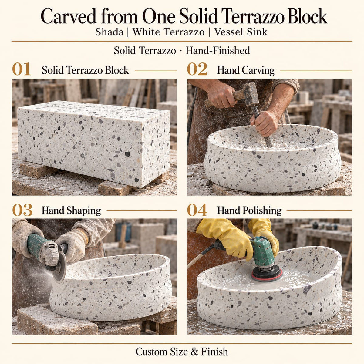 Shada White Terrazzo Vessel Sink carved from one solid terrazzo block, with hand carving, hand shaping and hand polishing; custom size and finish.