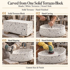 Shada White Terrazzo Vessel Sink carved from one solid terrazzo block, with hand carving, hand shaping and hand polishing; custom size and finish.