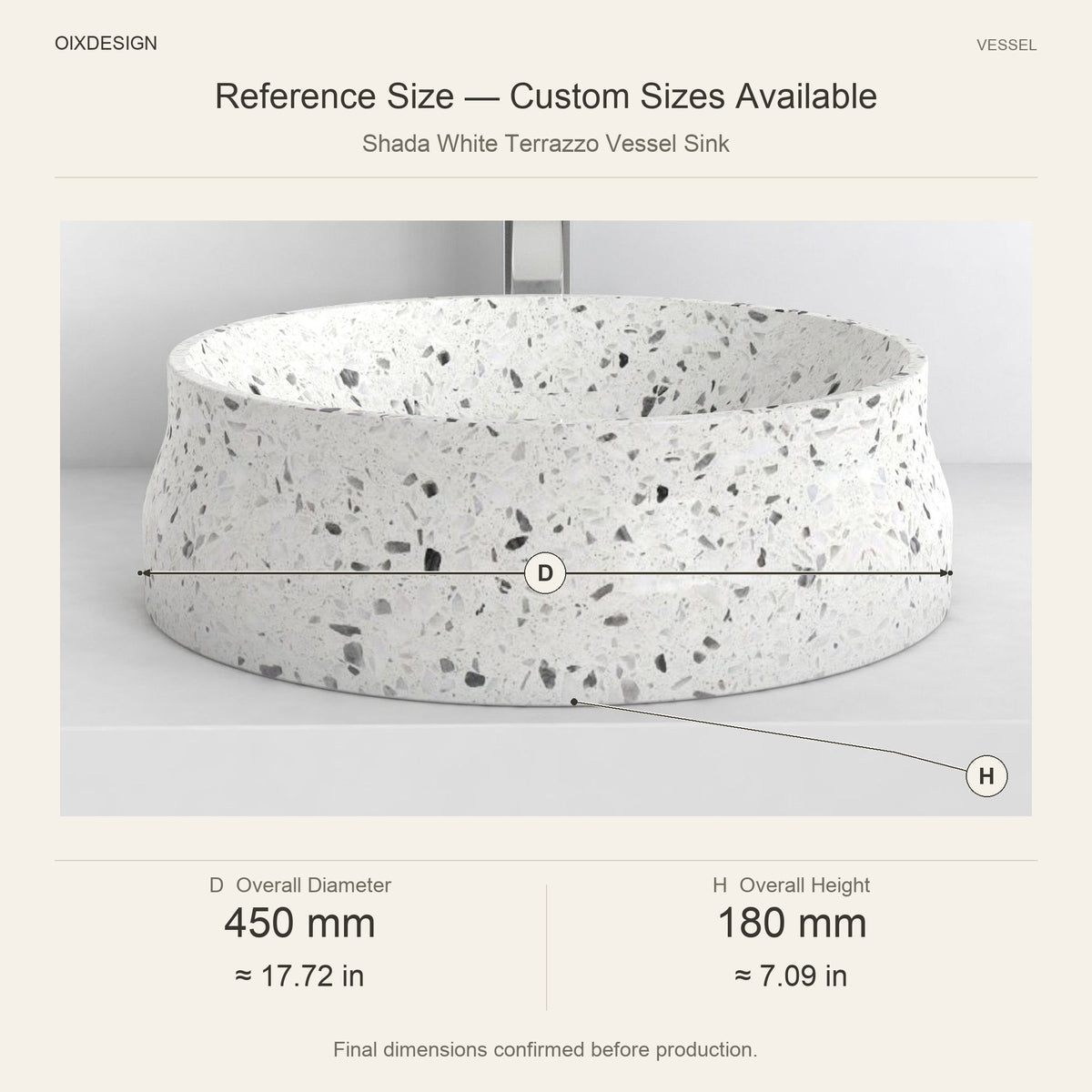Shada White Terrazzo Vessel Sink reference overall dimensions in millimeters and inches