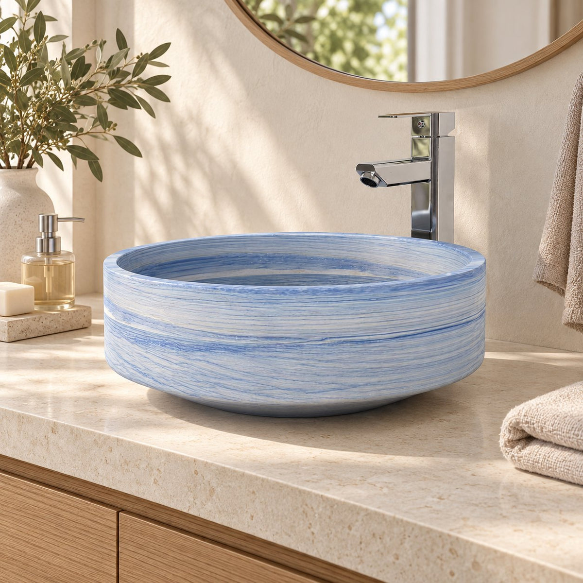 Shadi Azura Blue Quartzite Vessel Sink — three-quarter bathroom lifestyle