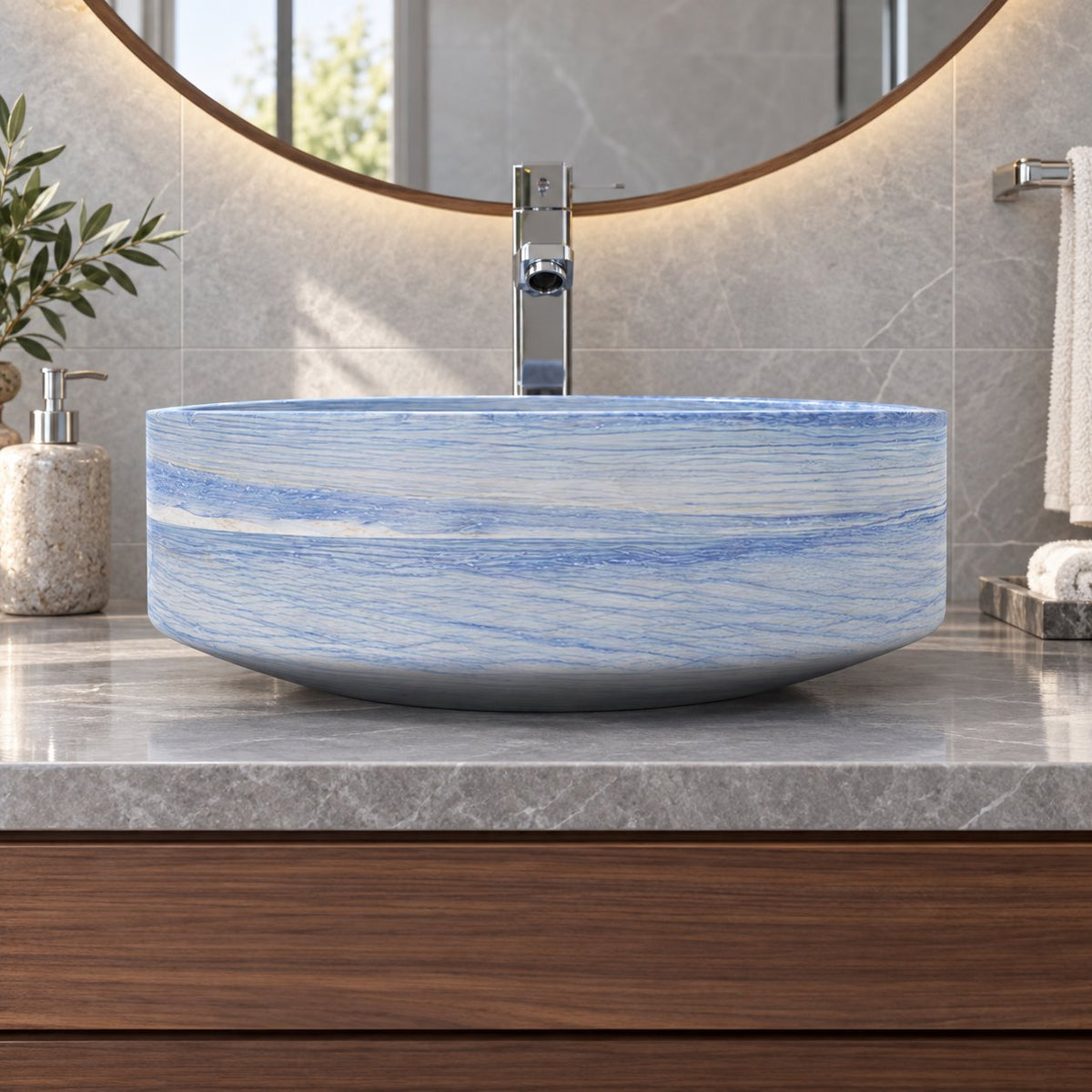 Shadi Azura Blue Quartzite Vessel Sink — low frontal bathroom lifestyle