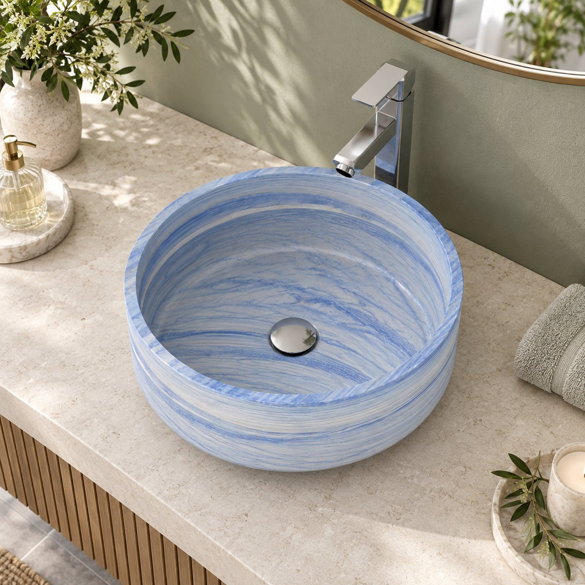 Shadi Azura Blue Quartzite Vessel Sink — overhead bathroom lifestyle