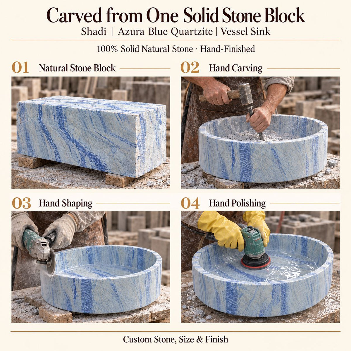 Shadi Azura Blue Quartzite Vessel Sink carved from one solid stone block, showing manual hammer-and-chisel carving, hand shaping and hand polishing; custom stone, size and finish.