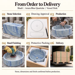 Shadi Azura Blue Quartzite Vessel Sink from order to delivery: material selection, drawing approval, production, hand finishing, protective foam packing in a plywood crate and delivery; specifications confirmed before production.