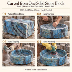 Shadi Danube Blue Quartzite Vessel Sink carved from one solid stone block, showing manual hammer-and-chisel carving, hand shaping and hand polishing; custom stone, size and finish.