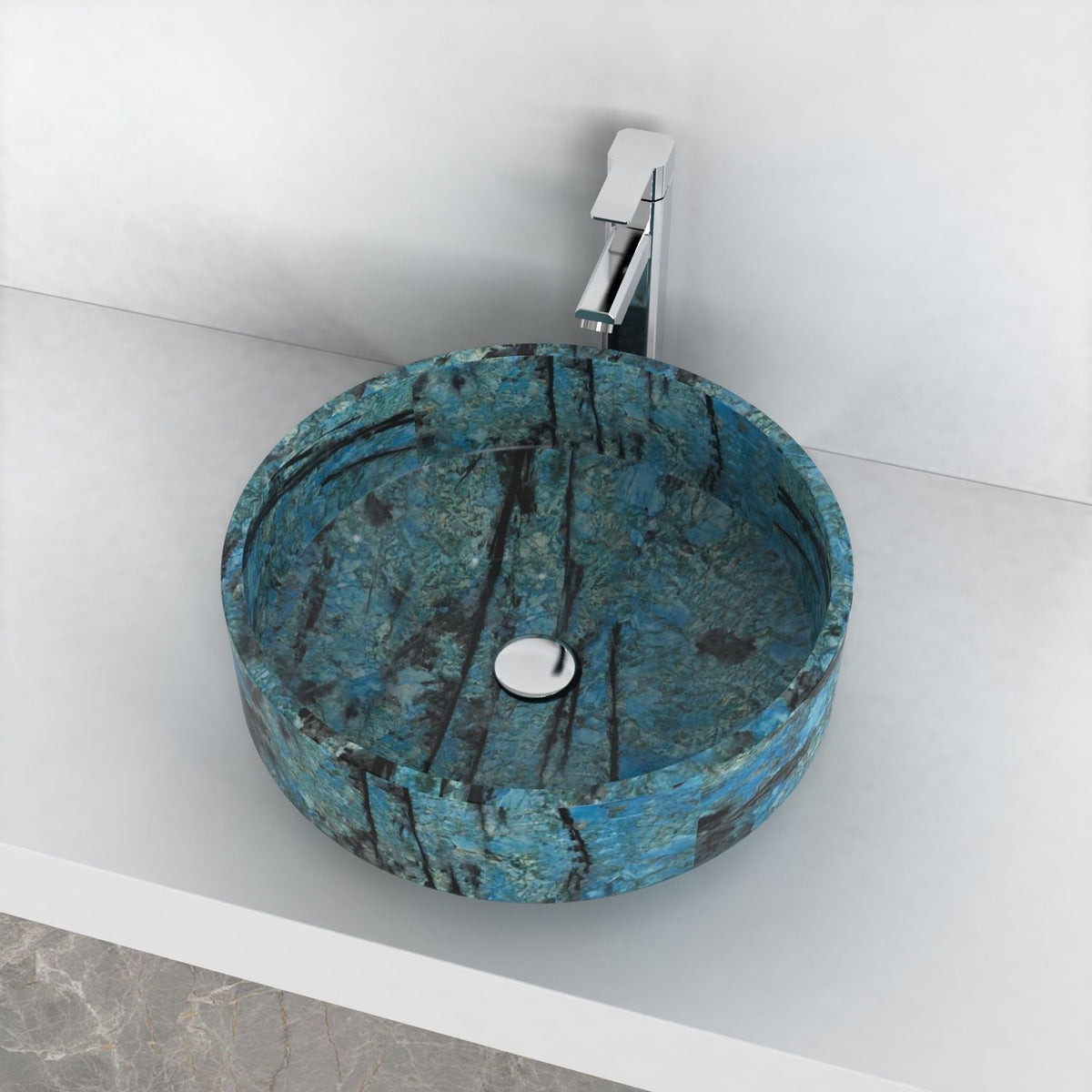 Overhead view of the Shadi Danube Blue Quartzite vessel sink showing the interior and drain area