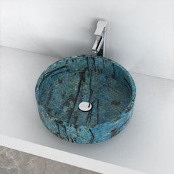Overhead view of the Shadi Danube Blue Quartzite vessel sink showing the interior and drain area