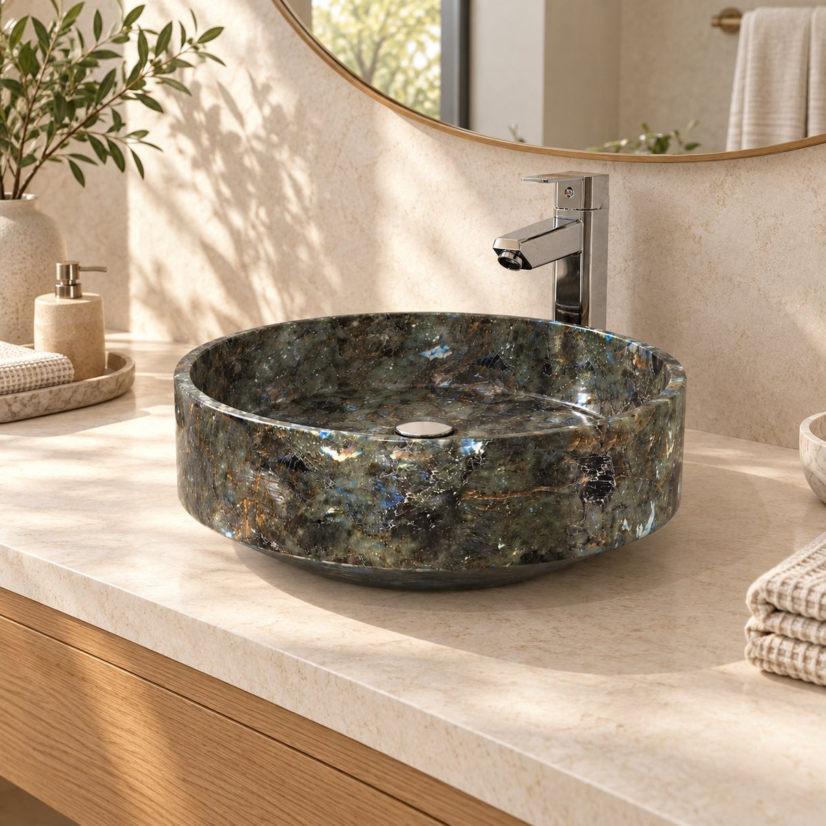 Shadi Celestia Blue Quartzite Vessel Sink — three-quarter bathroom lifestyle