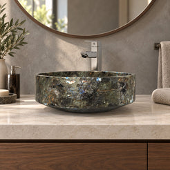 Shadi Celestia Blue Quartzite Vessel Sink — low frontal bathroom lifestyle
