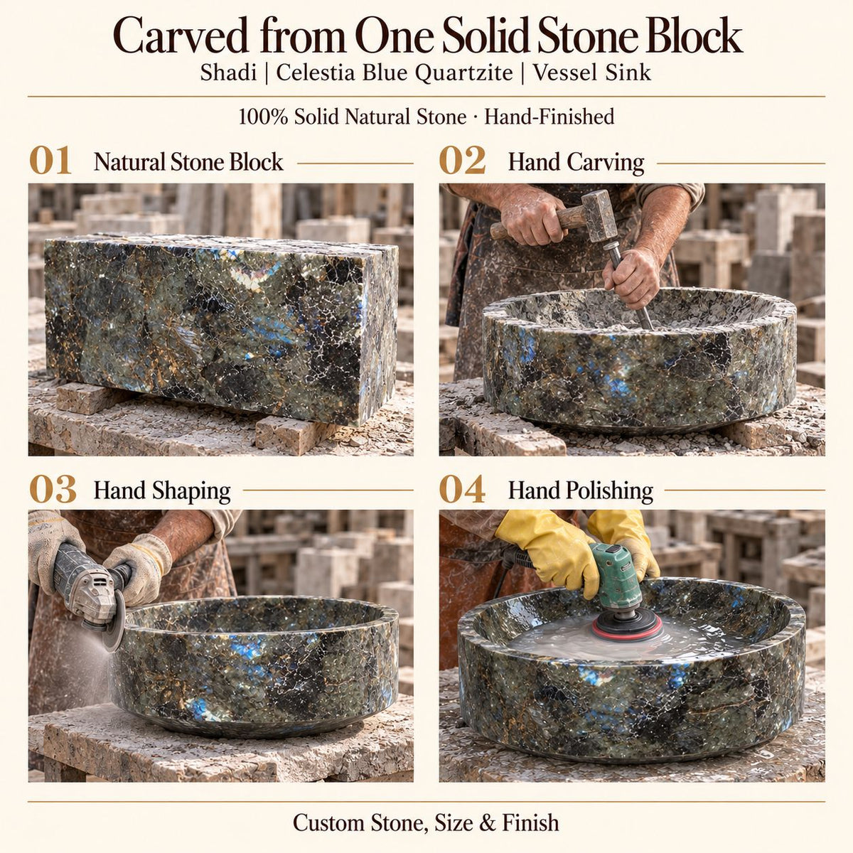 Shadi Celestia Blue Quartzite Vessel Sink carved from one solid stone block, showing manual hammer-and-chisel carving, hand shaping and hand polishing; custom stone, size and finish.