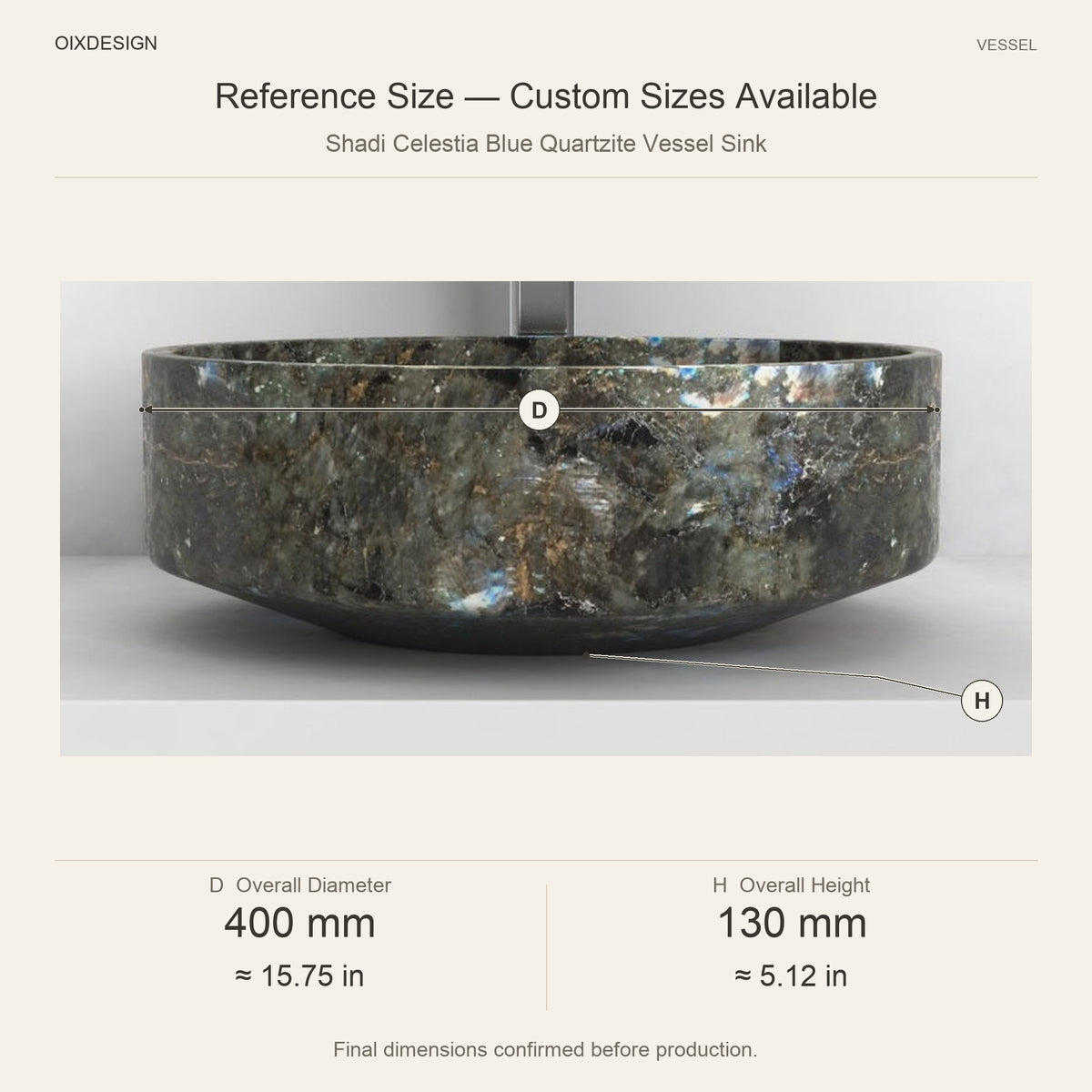 Shadi Celestia Blue Quartzite Vessel Sink reference overall dimensions in millimeters and inches