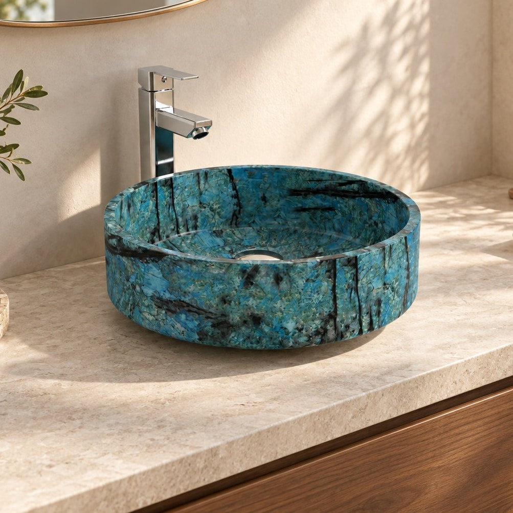 Illustrative three-quarter bathroom lifestyle of the Shadi Danube Blue Quartzite vessel sink
