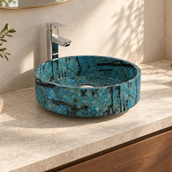 Illustrative three-quarter bathroom lifestyle of the Shadi Danube Blue Quartzite vessel sink