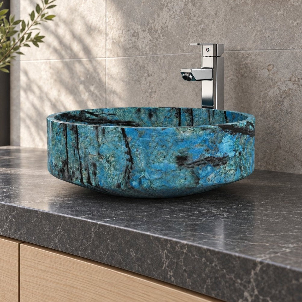 Illustrative low-side bathroom lifestyle of the Shadi Danube Blue Quartzite vessel sink