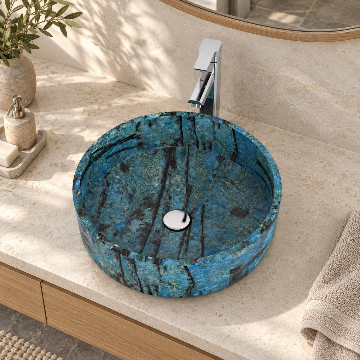 Illustrative high-angle bathroom lifestyle of the Shadi Danube Blue Quartzite vessel sink
