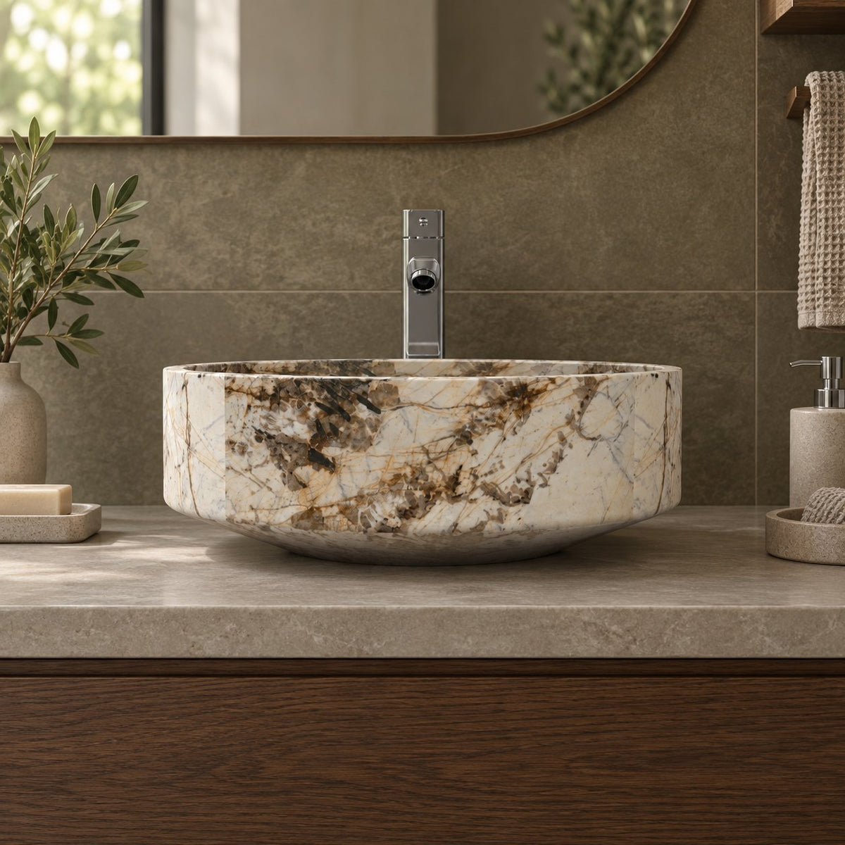 Shadi Pandora Blanc Quartzite Vessel Sink — low frontal bathroom lifestyle