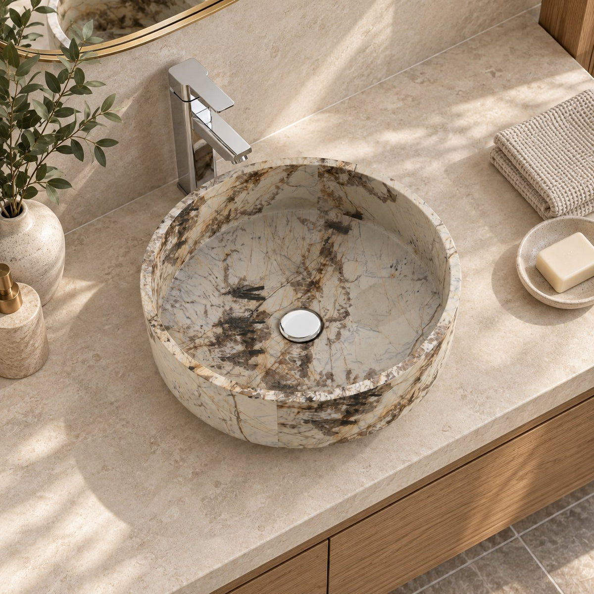 Shadi Pandora Blanc Quartzite Vessel Sink — overhead bathroom lifestyle