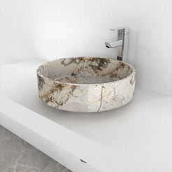 Shadi Pandora Blanc Quartzite Vessel Sink, countertop hero lifestyle view