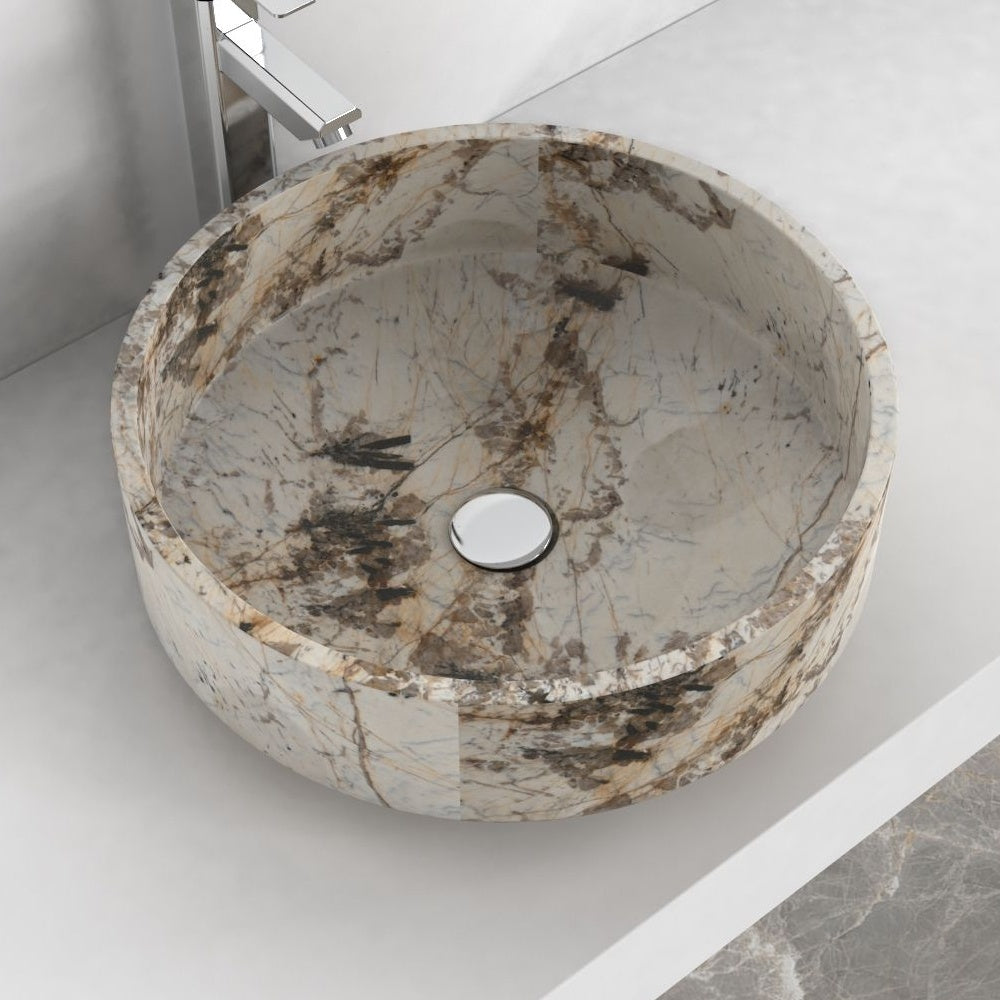 Shadi Pandora Blanc Quartzite Vessel Sink, interior, material and drain area detail