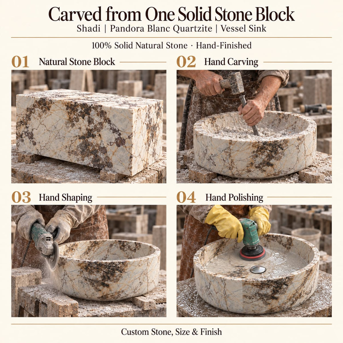 Shadi Pandora Blanc Quartzite Vessel Sink carved from one solid stone block, showing manual hammer-and-chisel carving, hand shaping and hand polishing; custom stone, size and finish.