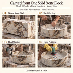 Shadi Pandora Blanc Quartzite Vessel Sink carved from one solid stone block, showing manual hammer-and-chisel carving, hand shaping and hand polishing; custom stone, size and finish.