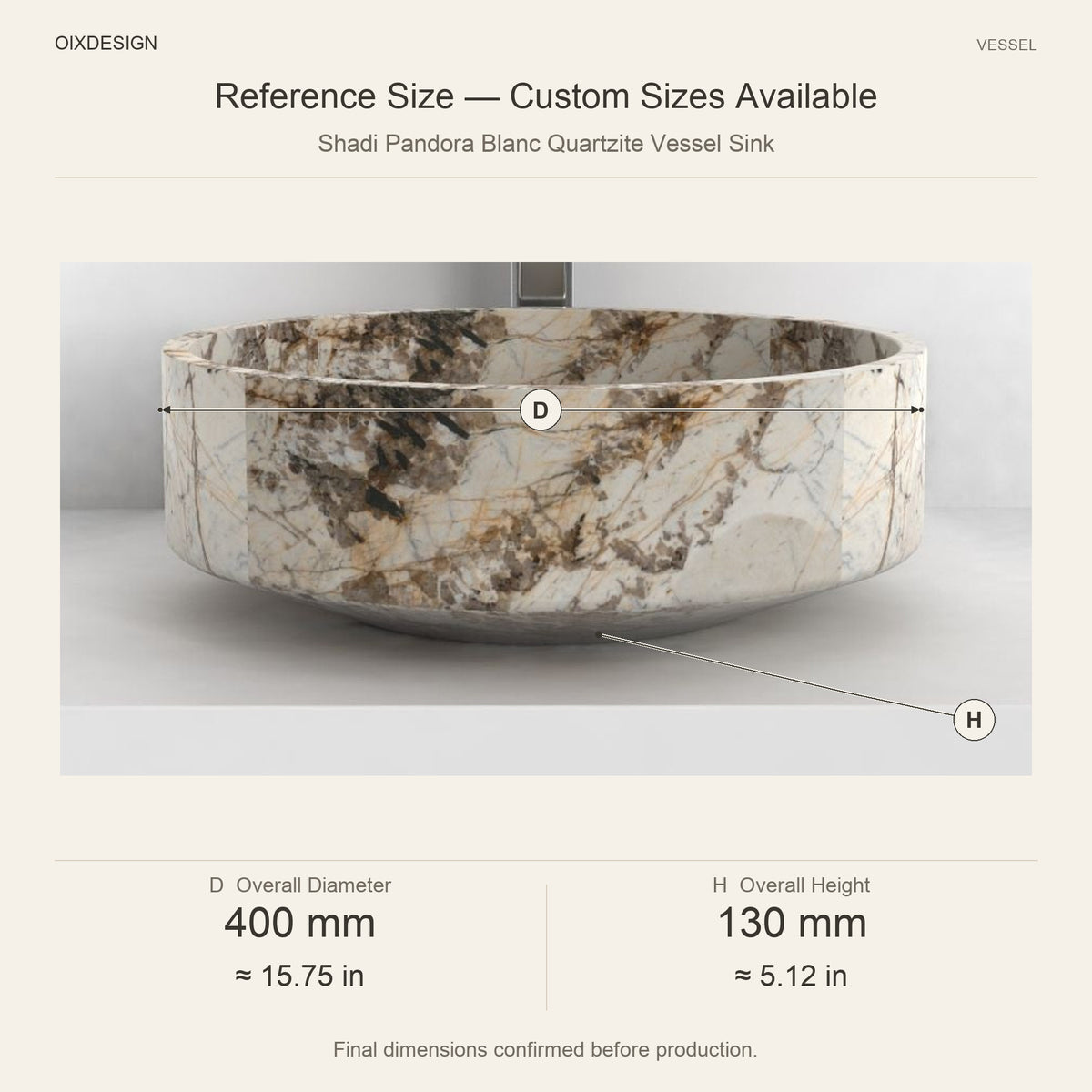 Shadi Pandora Blanc Quartzite Vessel Sink reference overall dimensions in millimeters and inches