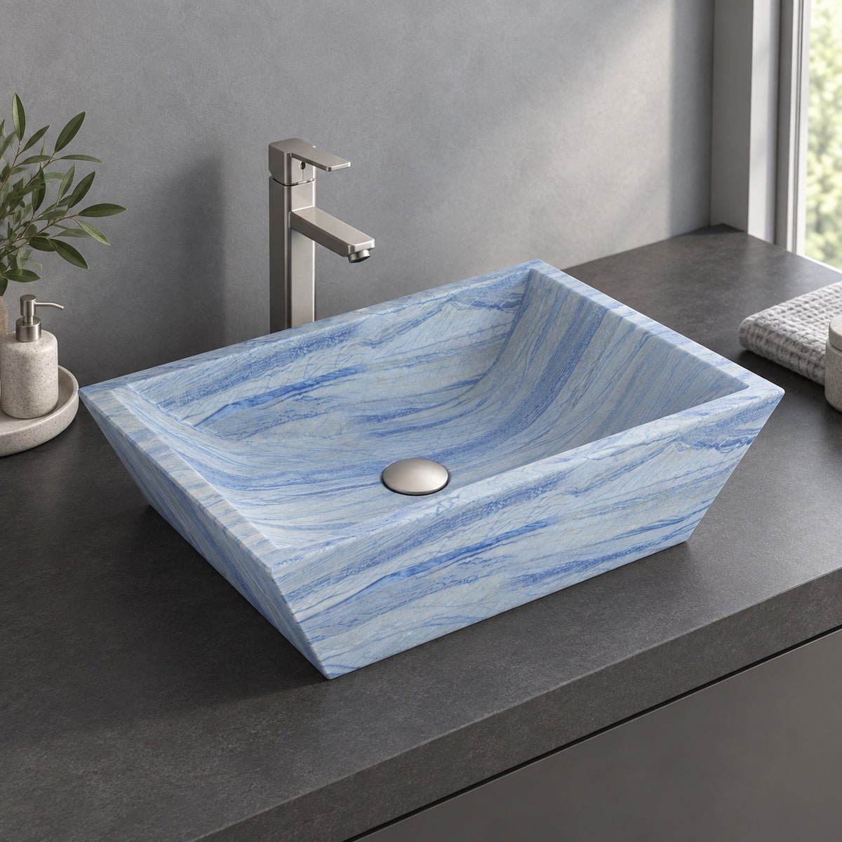 Shadiya Azura Blue Quartzite Vessel Sink, second countertop lifestyle setting