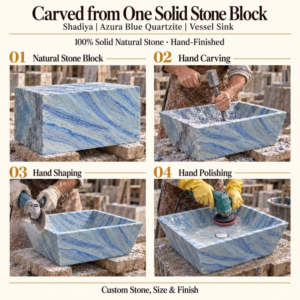 Shadiya Azura Blue Quartzite Vessel Sink carved from one solid stone block, showing manual hammer-and-chisel carving, hand shaping and hand polishing; custom stone, size and finish.