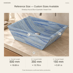 Shadiya Azura Blue Quartzite Vessel Sink reference overall dimensions in millimeters and inches