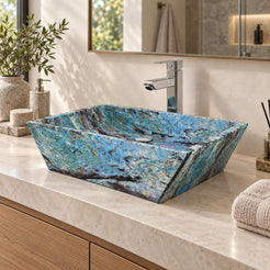 Shadiya Danube Blue Quartzite Vessel Sink — three-quarter bathroom lifestyle
