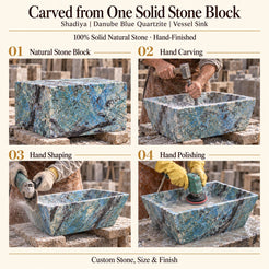 Shadiya Danube Blue Quartzite Vessel Sink carved from one solid stone block, showing manual hammer-and-chisel carving, hand shaping and hand polishing; custom stone, size and finish.