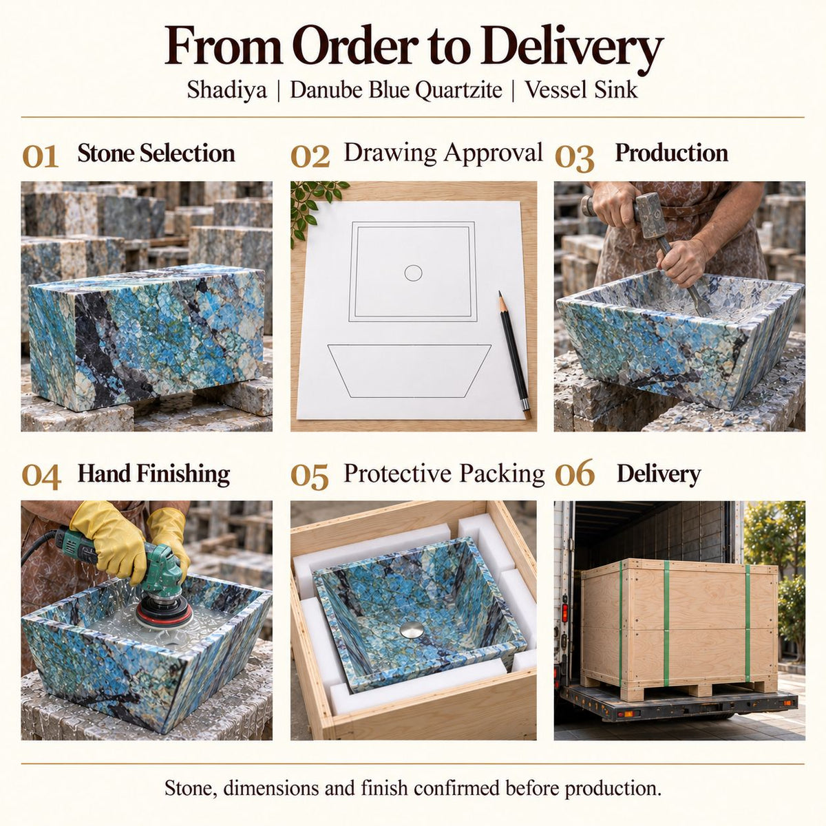 Shadiya Danube Blue Quartzite Vessel Sink from order to delivery: material selection, drawing approval, production, hand finishing, protective foam packing in a plywood crate and delivery; specifications confirmed before production.