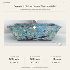 Shadiya Danube Blue Quartzite Vessel Sink reference overall dimensions in millimeters and inches