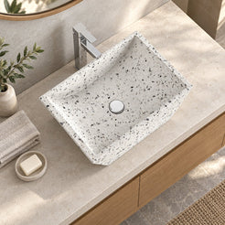 Shadiya White Terrazzo Vessel Sink — overhead bathroom lifestyle