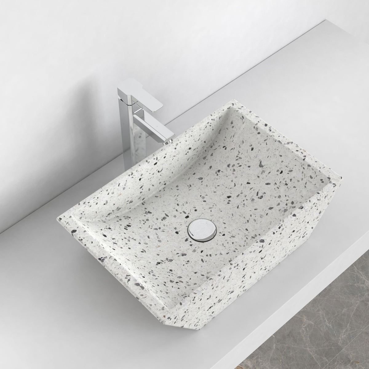 Shadiya White Terrazzo Vessel Sink, second countertop view showing the rim and bowl