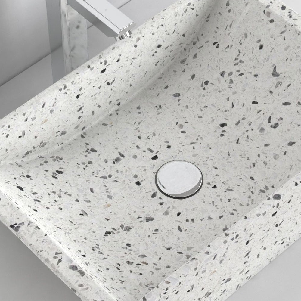 Shadiya White Terrazzo Vessel Sink, interior, material and drain area detail