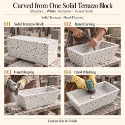 Shadiya White Terrazzo Vessel Sink carved from one solid terrazzo block, with hand carving, hand shaping and hand polishing; custom size and finish.