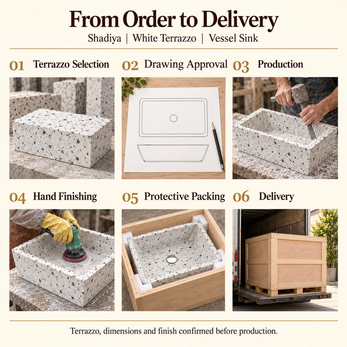 Shadiya White Terrazzo Vessel Sink from order to delivery: material selection, drawing approval, production, hand finishing, protective foam packing in a plywood crate and delivery; specifications confirmed before production.