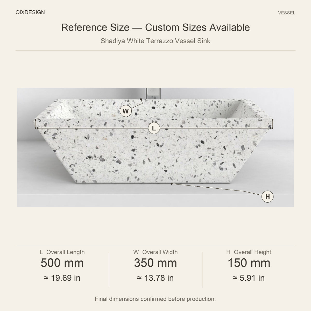 Shadiya White Terrazzo Vessel Sink reference overall dimensions in millimeters and inches