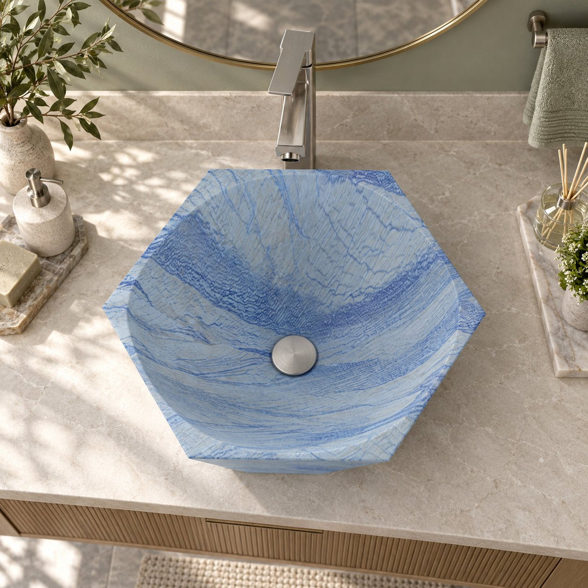 Shadley Azura Blue Quartzite Vessel Sink — overhead bathroom lifestyle