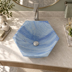 Shadley Azura Blue Quartzite Vessel Sink — overhead bathroom lifestyle