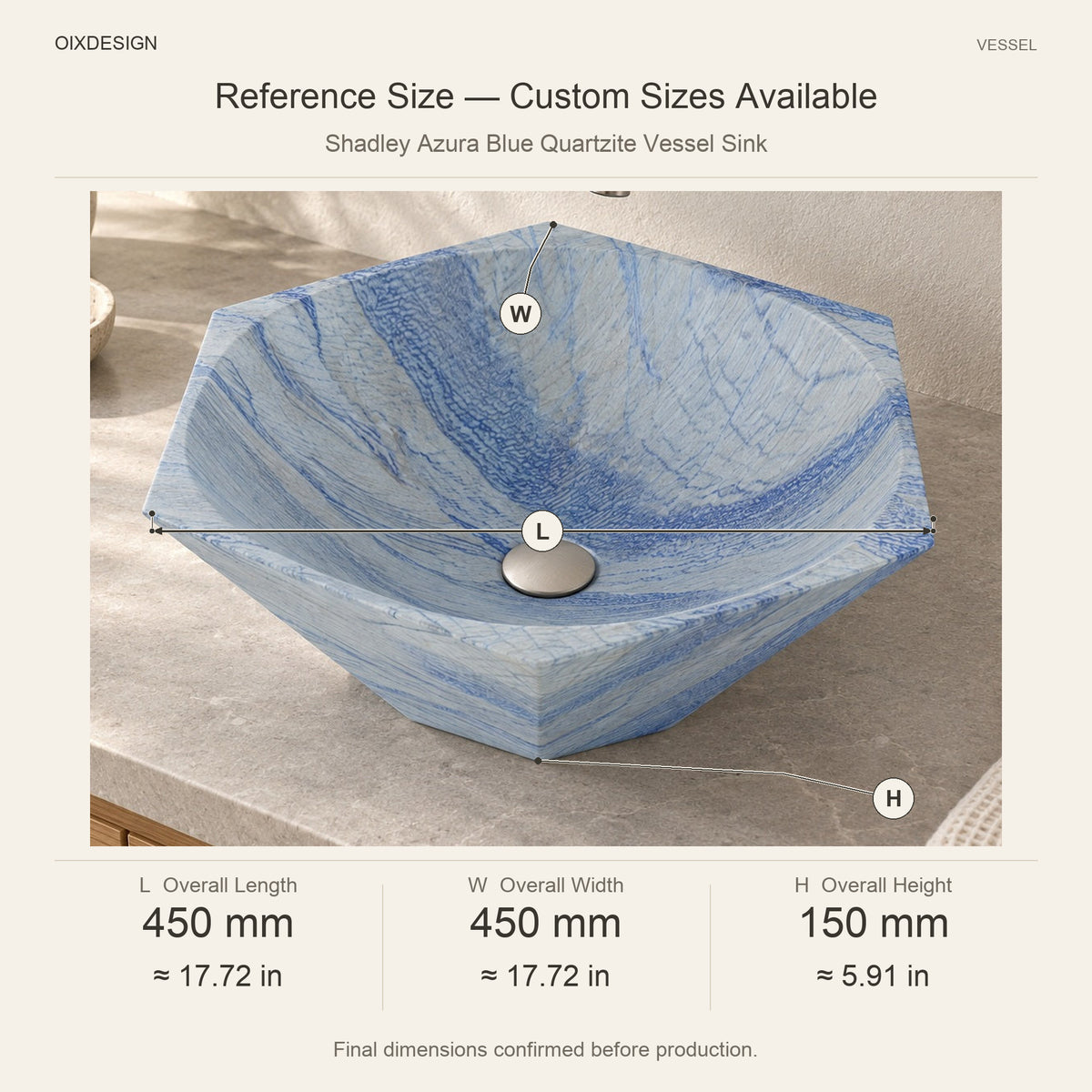 Shadley Azura Blue Quartzite Vessel Sink reference overall dimensions in millimeters and inches