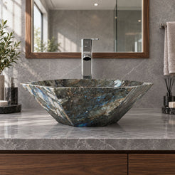 Shadley Celestia Blue Quartzite Vessel Sink — low frontal bathroom lifestyle