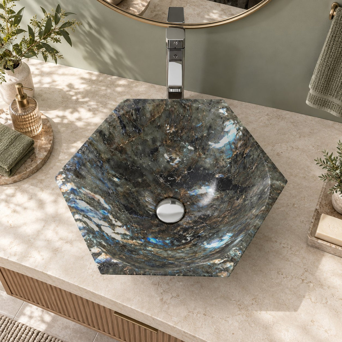 Shadley Celestia Blue Quartzite Vessel Sink — overhead bathroom lifestyle