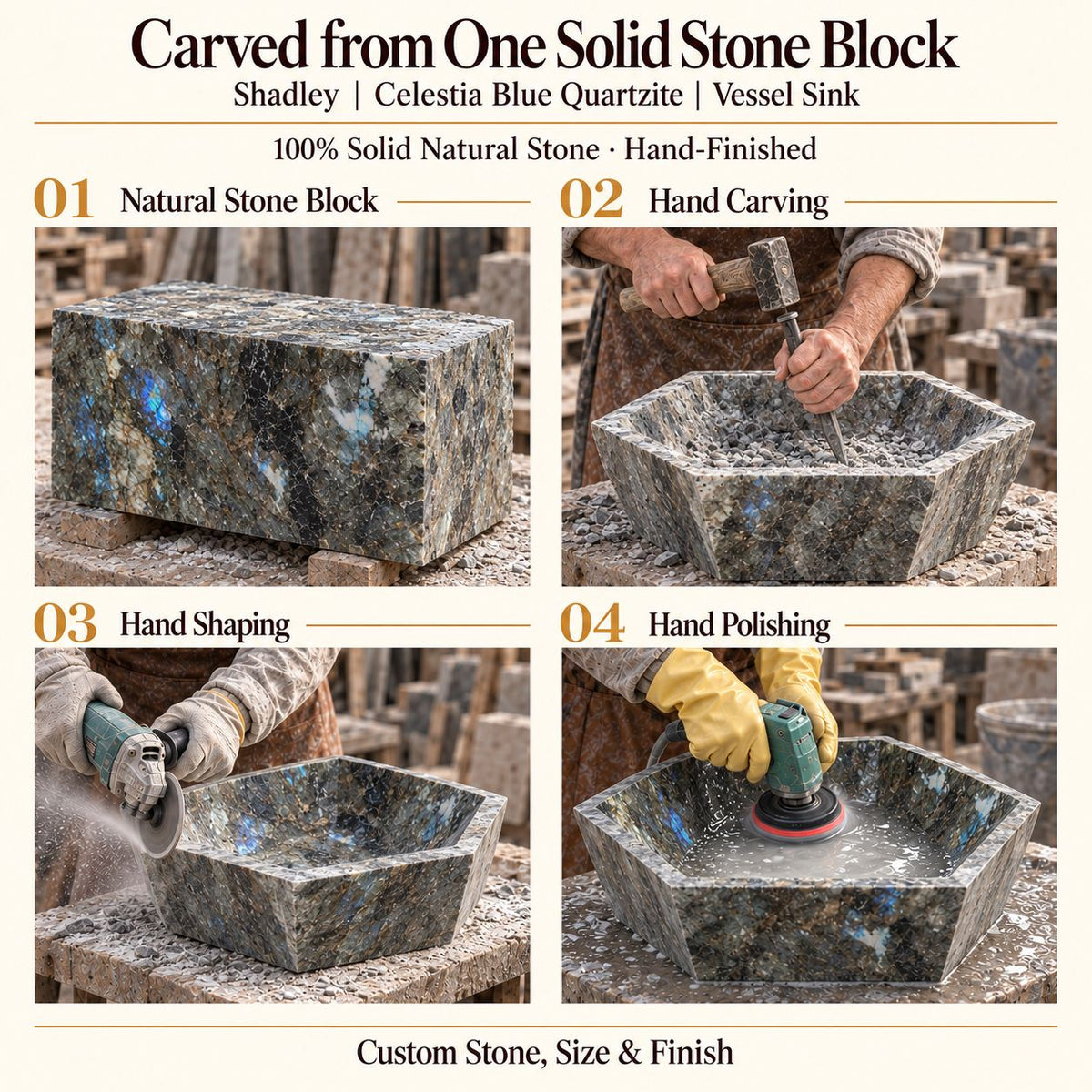 Shadley Celestia Blue Quartzite Vessel Sink carved from one solid stone block, showing manual hammer-and-chisel carving, hand shaping and hand polishing; custom stone, size and finish.
