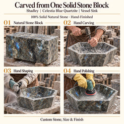 Shadley Celestia Blue Quartzite Vessel Sink carved from one solid stone block, showing manual hammer-and-chisel carving, hand shaping and hand polishing; custom stone, size and finish.