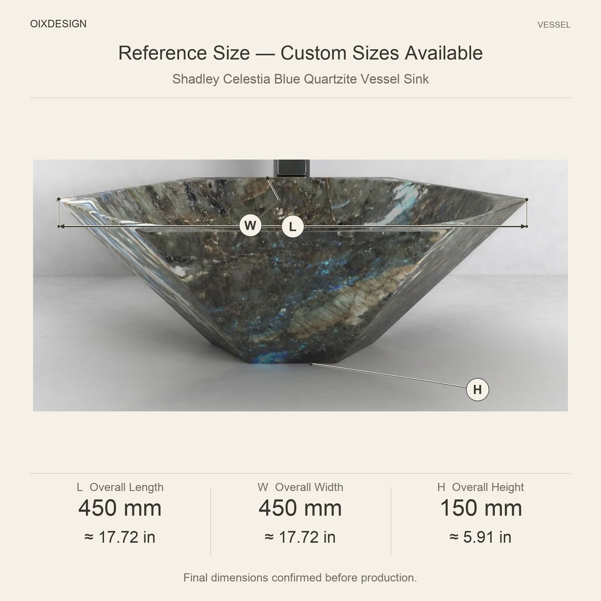 Shadley Celestia Blue Quartzite Vessel Sink reference overall dimensions in millimeters and inches