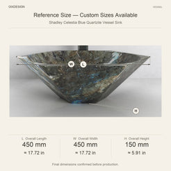 Shadley Celestia Blue Quartzite Vessel Sink reference overall dimensions in millimeters and inches