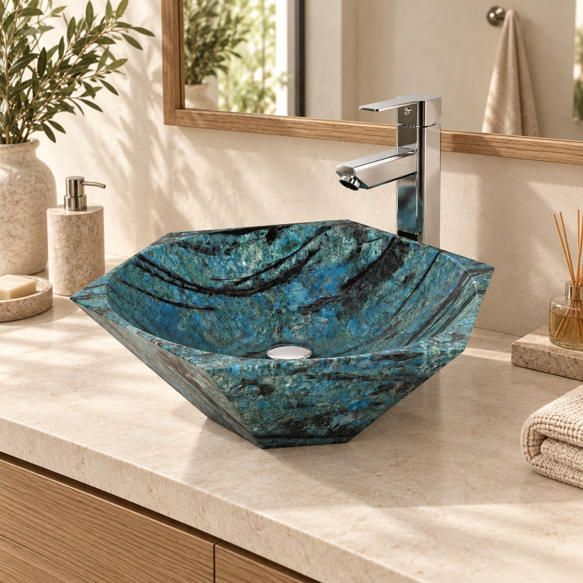 Shadley Danube Blue Quartzite Vessel Sink — three-quarter bathroom lifestyle